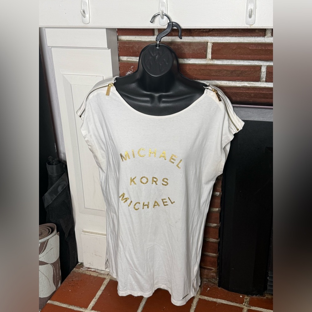 Michael Kors Size L White Tee with Gold Accents